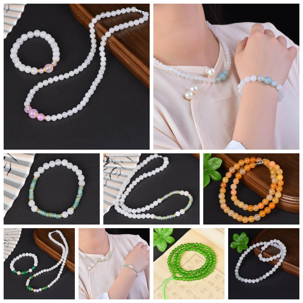 Treasure natural stone Tianshan jade necklace feminine temperament round bead jade necklace jade pendant  necklaces Jewelry Set