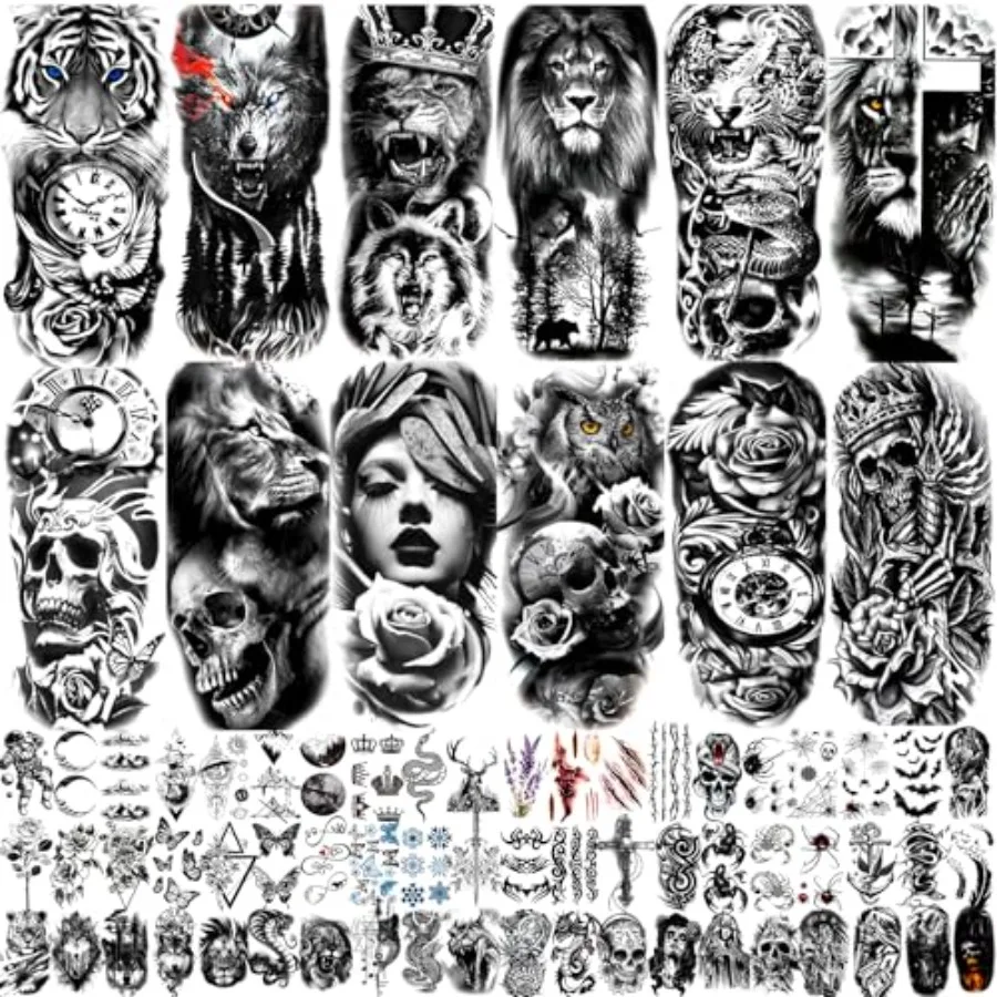 

82 Sheets Temporary Tattoo for Men Women Adults, Include 12 Sheets Black 3D Half Sleeve Temporary Tattoos, Halloween Tattoos Sc