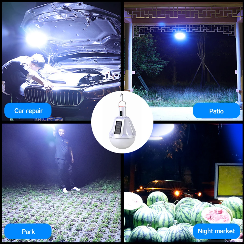 LED Camping Light Outdoor Hanging Lights LED Lamp Bulbs Tent Light Solar Light USB Rechargeable Night Light with Hook