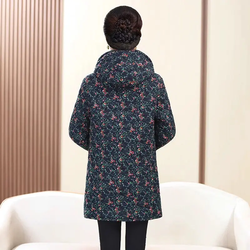 Fleece Jacket For Women Floral Cotton Coat Middle-Aged And Elderly Mothers Thick Medium Length Hooded Winter Outerwear Z4744