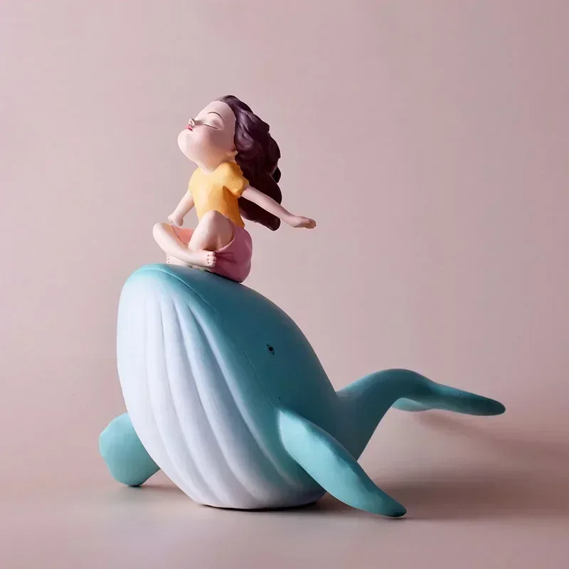 European Whale Dolphin Mermaid Girl Resin Ornaments Home Livingroom Desktop Figurines Crafts Store Office Club Sculpture Decor