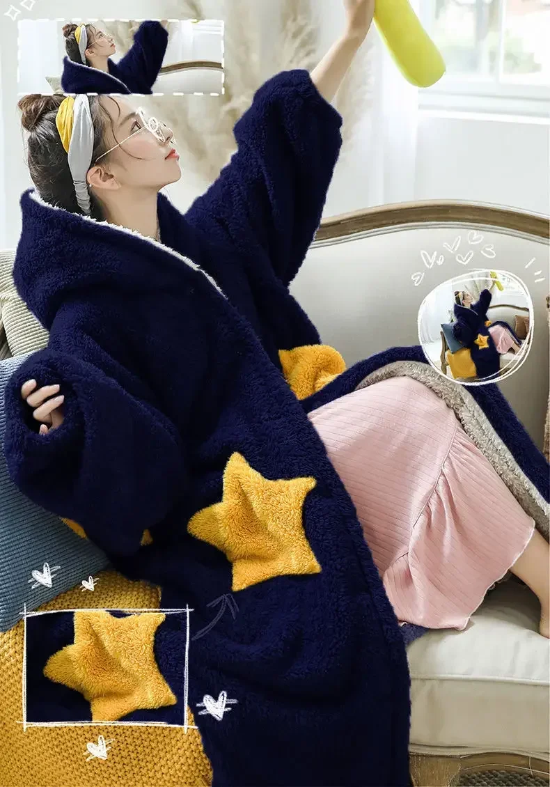 Women Fleece Hooded Bathrobe Women\'s Princess Robe Ankle Lightweight Cotton Soft Fluffy Warm Sherpa Shaggy Kimono Bride