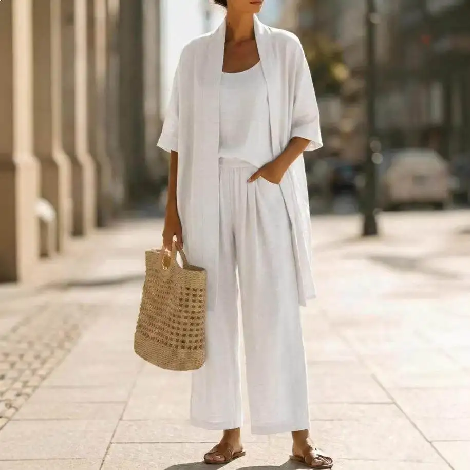 Comfortable Casual Summer New Style Three-piece Set Pure Color Vacation Tour Straight Leg Pants Women's Leisure Fashion