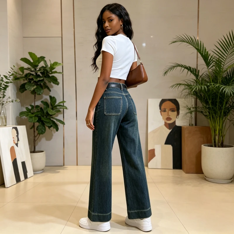 Wide Leg Pants Jeans Women Vintage Denims High Waist 2026 Streetwear Pockets Washed Distressed Loose Trousers Floor Length