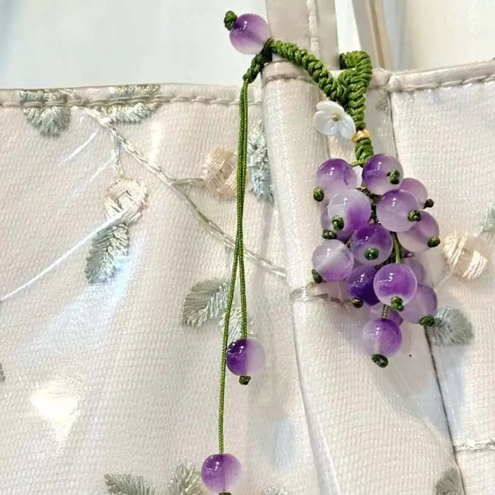

Elegant Grape Cluster Pendant Alloy Purple Crystal Grape Phone Chain Green Flower Gradient Beads Woven Pendant Car Key Ornaments