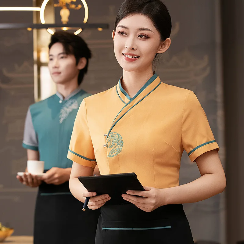 

Restaurant Waiter Work Uniform for Women, Short Sleeve, Chinese Style, Hotel Catering, Restaurant Banquet, Dish Serving, Summer