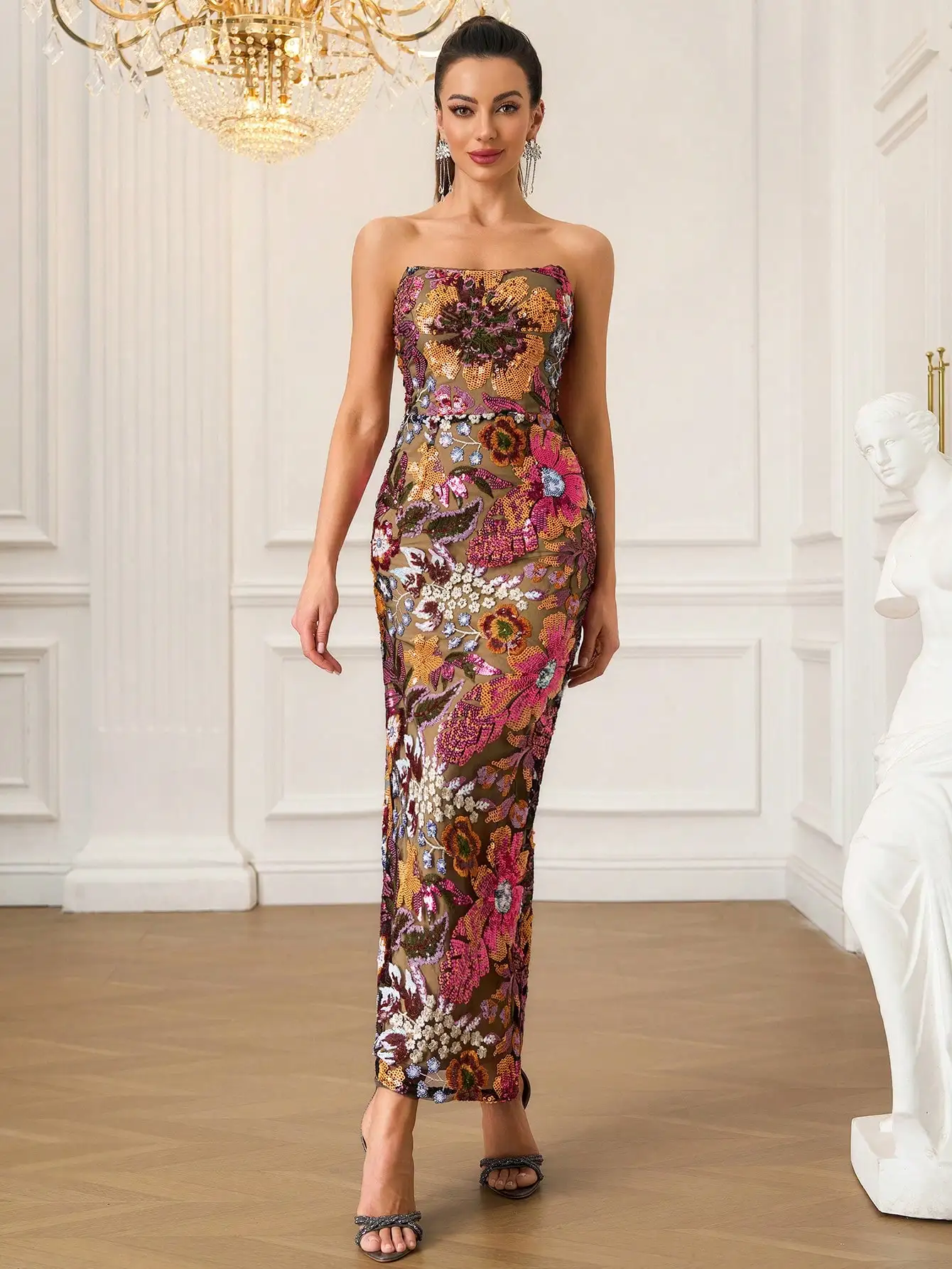 

Elegant Floral Embroidered Sequin Strapless Maxi Dress for Formal Events