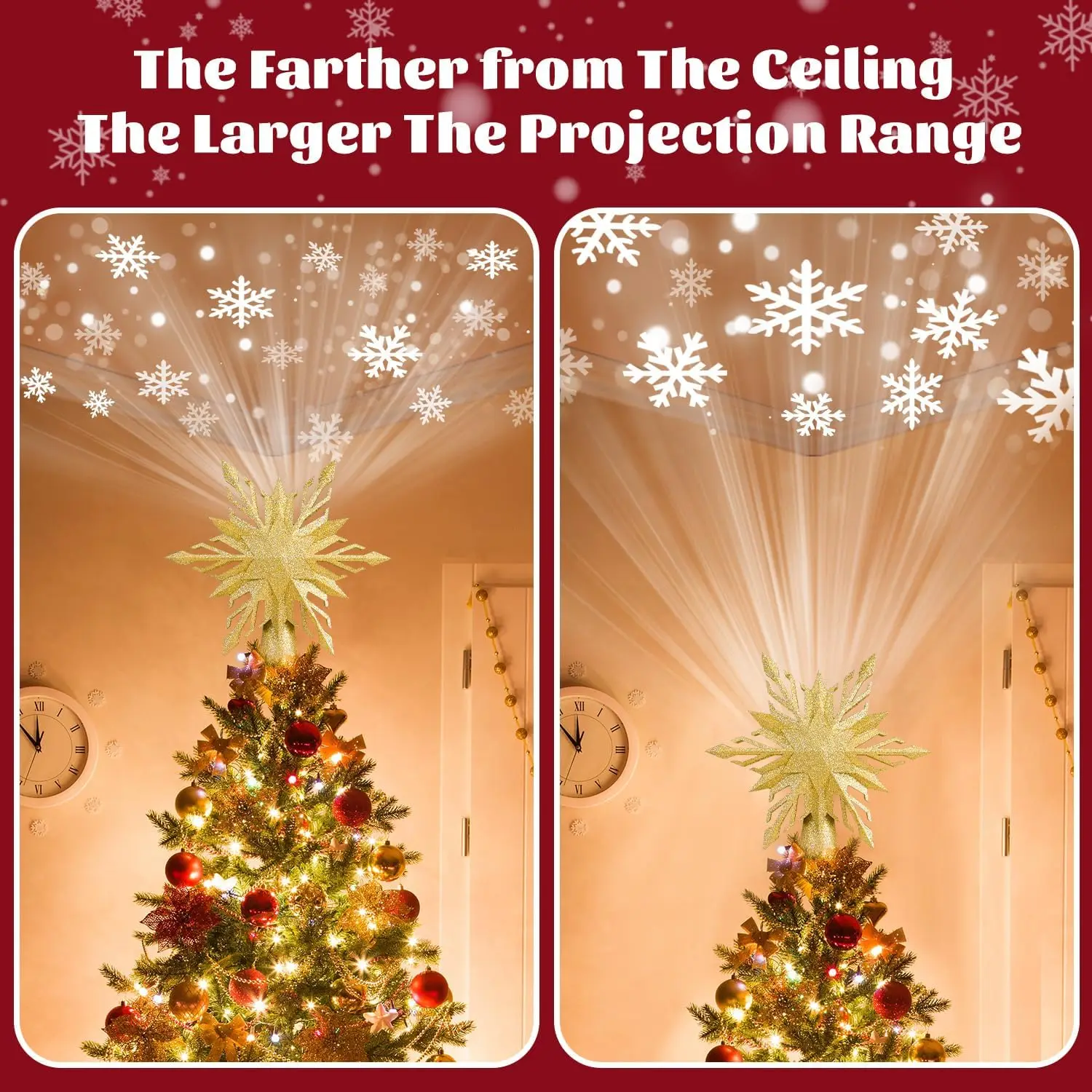 Christmas Star Tree Topper Lighted with Led Snowflake Projector Built-in LED Rotating 3D Projector Lights for Xmas Decoration
