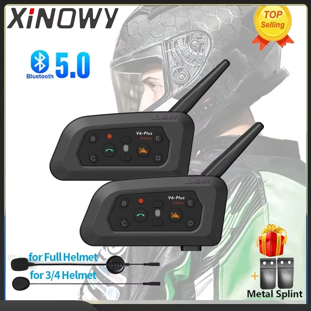 XiNOWy V6 PLUS Motorcycle Helmet Bluetooth Headset Intercom Waterproof 6 Riders 1200m Communicator 850mAh Interphone MP3 Player