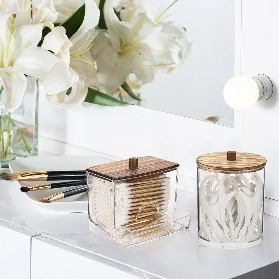 Dispensador Qtips, contenedor de baño de 10 y 12 oz, soporte grande para bolas de algodón, tarro de boticário, organizador para almacenamiento de hisopo de algodón redondo