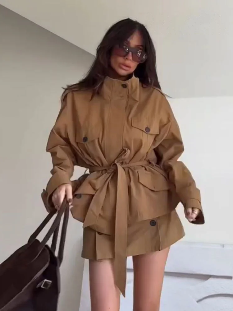 HH Damen 2-teiliges Set, modisch, einreihig, lange Ärmel, hoher Kragen, Taschengürtel, Design, Jacke + elastische Taille, kurze Culottes