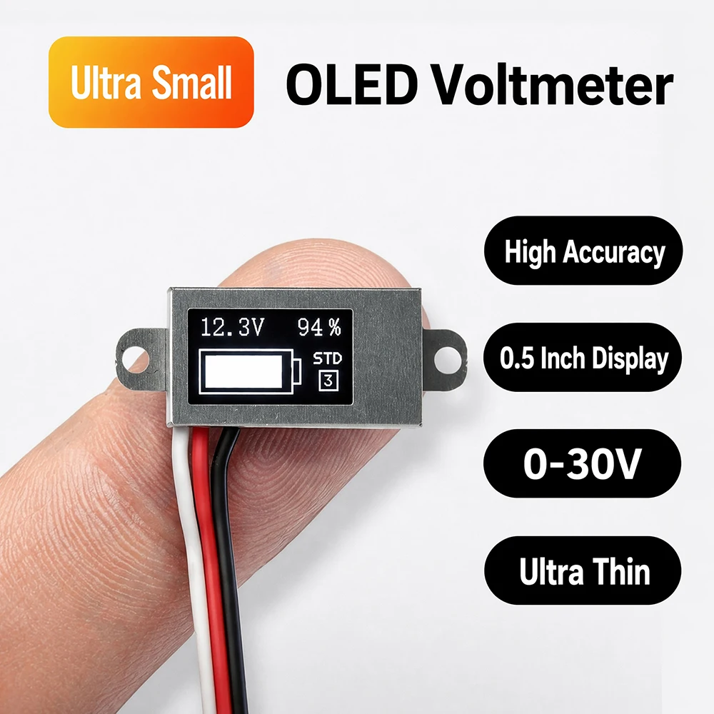 Smallest 0.5' OLED Digital Voltmeter Battery Level Meter DC 0-30V Ultra Thin High Precision for 1-6S Lithium Battery 2/3 Wire