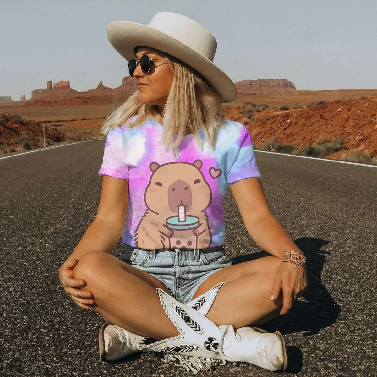 Women's Clothing Tie Dye Animal Graphic Lover Gift Shirt Tee Capybara Kawaii Cartoon T-shirts Crew Neck Casual Summer Drink Tops