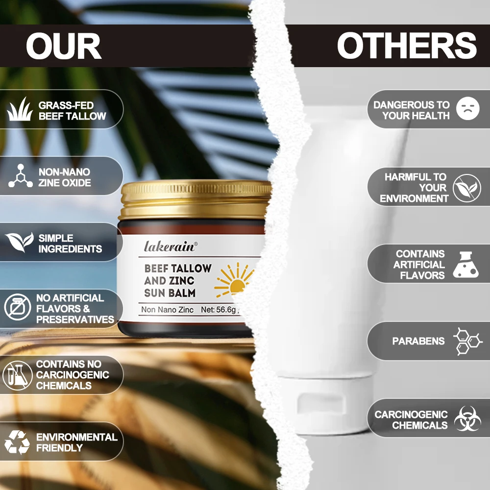 Lakerain Tallow + Balsamo solare zinco - Stick idratante per labbra e viso SPF, crema solare antiossidante e ricca per la cura all'aperto