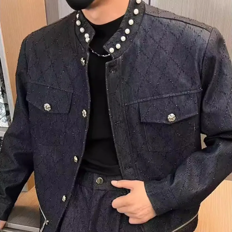 Autumn Solid Color Simple Round Neck Pearl Jacket Denim Coat Men's Casual Fashion Trendy Streetwear Outfit