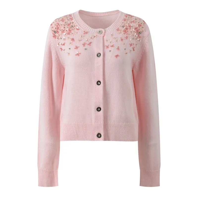 CHUJIE Cárdigan de punto estilo suave otoño 2025, top de manga larga con cuello redondo, parte delantera con botones de lentejuelas y cuentas - Rosa / Azul Opcional.