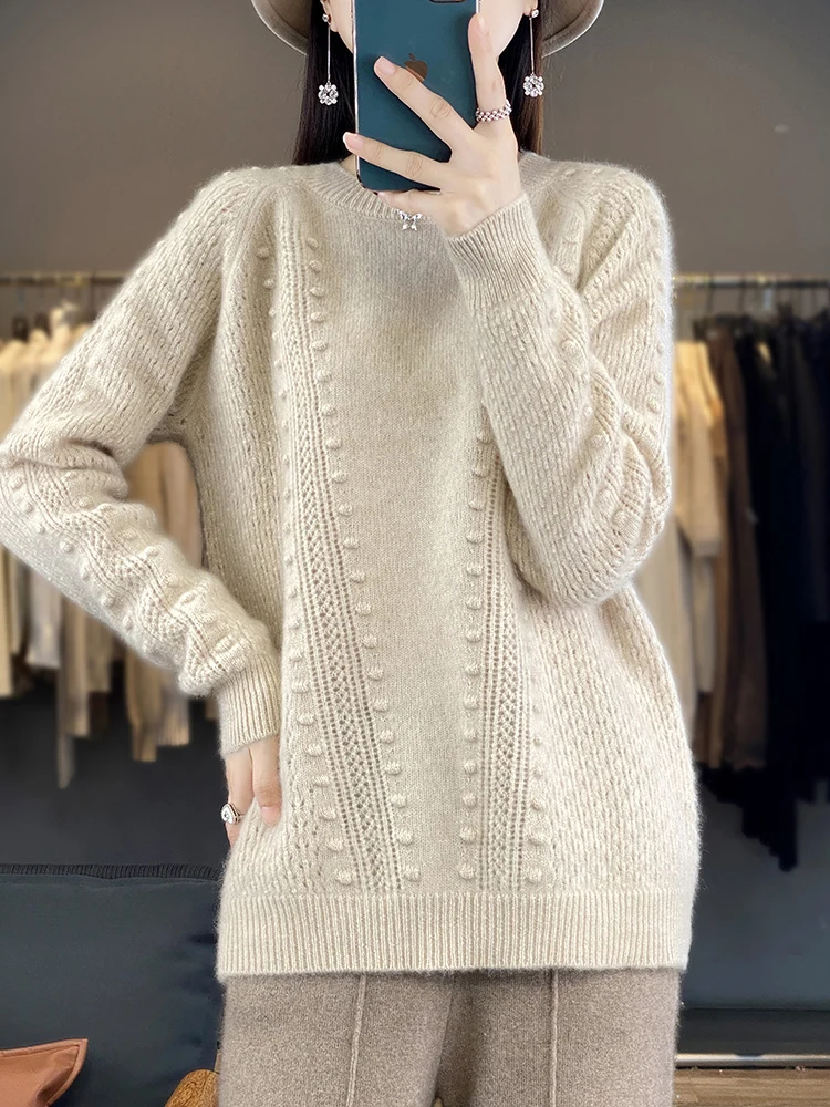 100% Pure Wool Sweaters Women O-Neck Jacquard Knit Pullover Hollow Long-Sleeved Thick Blouse Autumn Winter New Large Size Jacket