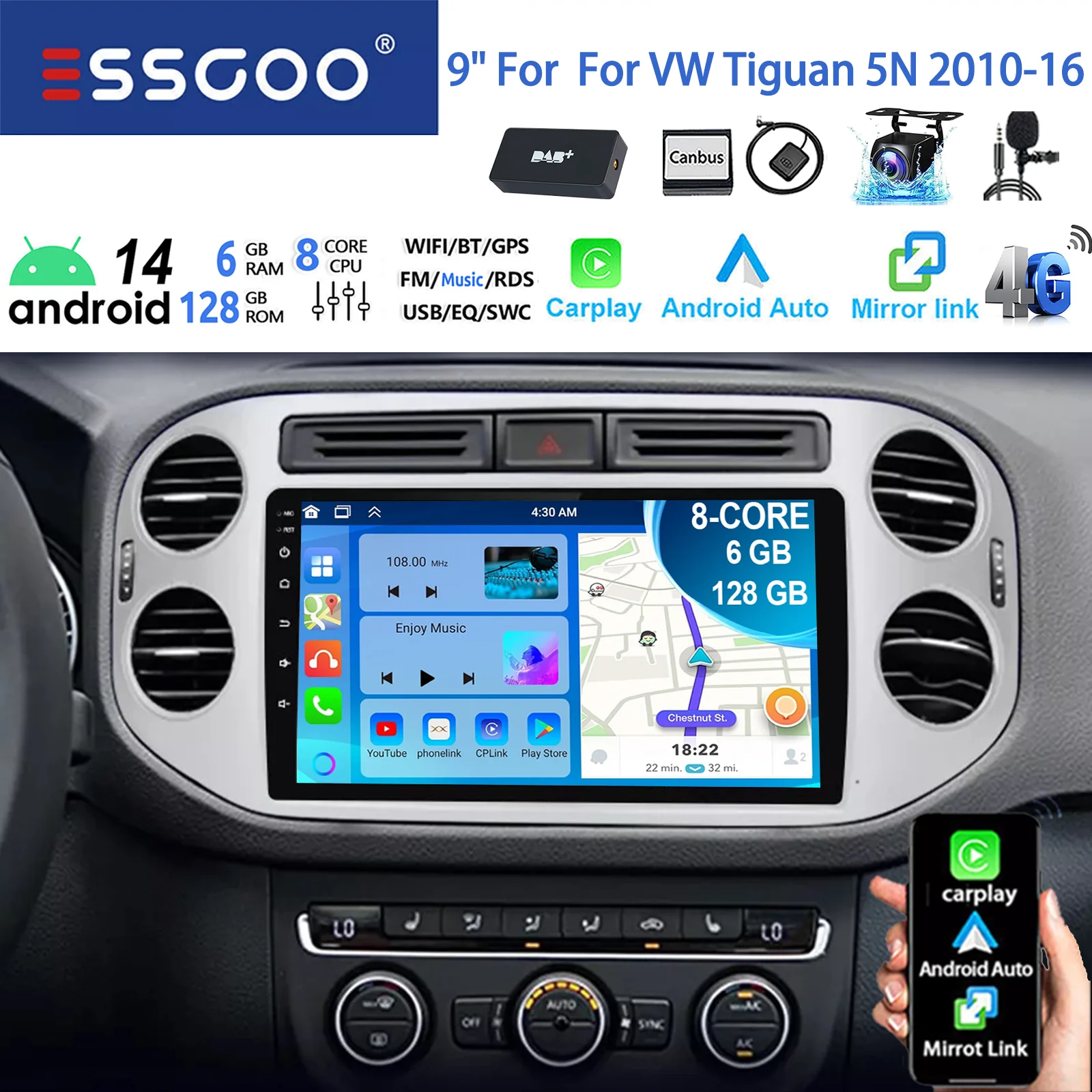 ESSGOO Android 14 Autoradio 9" QLED Touchscreen 6+128 GB 4G 8-Kern für VW Tiguan 5N 2010-2016 Golf Plus Wireless CarPlay Android Auto GPS Navi WiFi Bluetooth RDS Mirror Link FM AM Lenkradfernbedienung