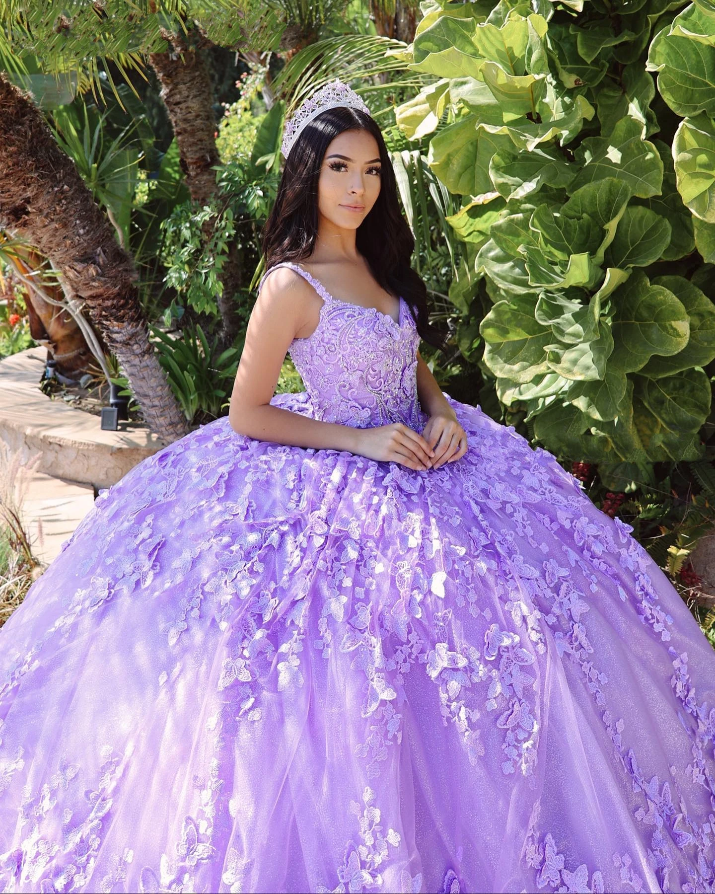 

Lilac Lace vestidos de 15 años 2022 Cape 3D Butterfly Floral Puffy Ballgown Quinceanera Sweet 16 Dress Prom Quince Gown No-Light