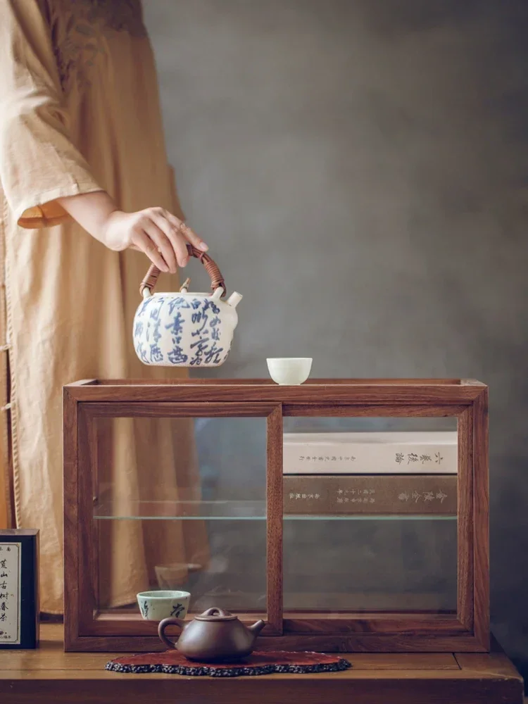 Black walnut ultra-white tempered glass tea set display case small dust-proof teapot wenwan antique solid wood display case