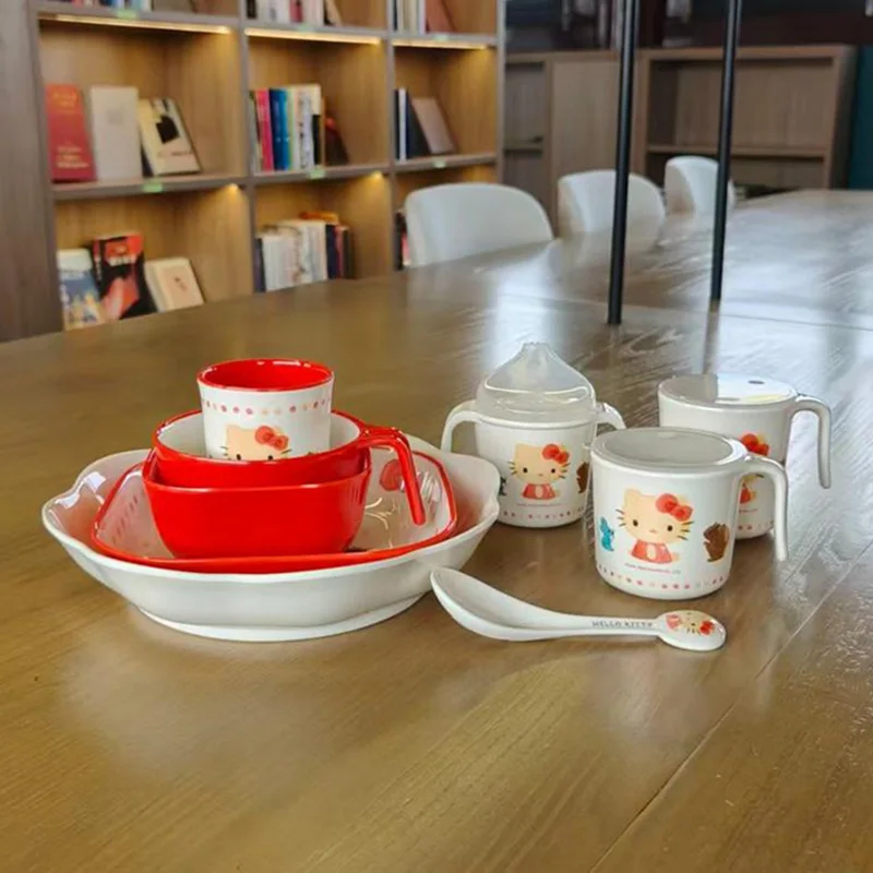 WUHE Hello Kitty Children's Series Dinnerware Set Resin Imitation Porcelain Bowl Plate Spoon Cup Safe Drop-Resistant Lightweight