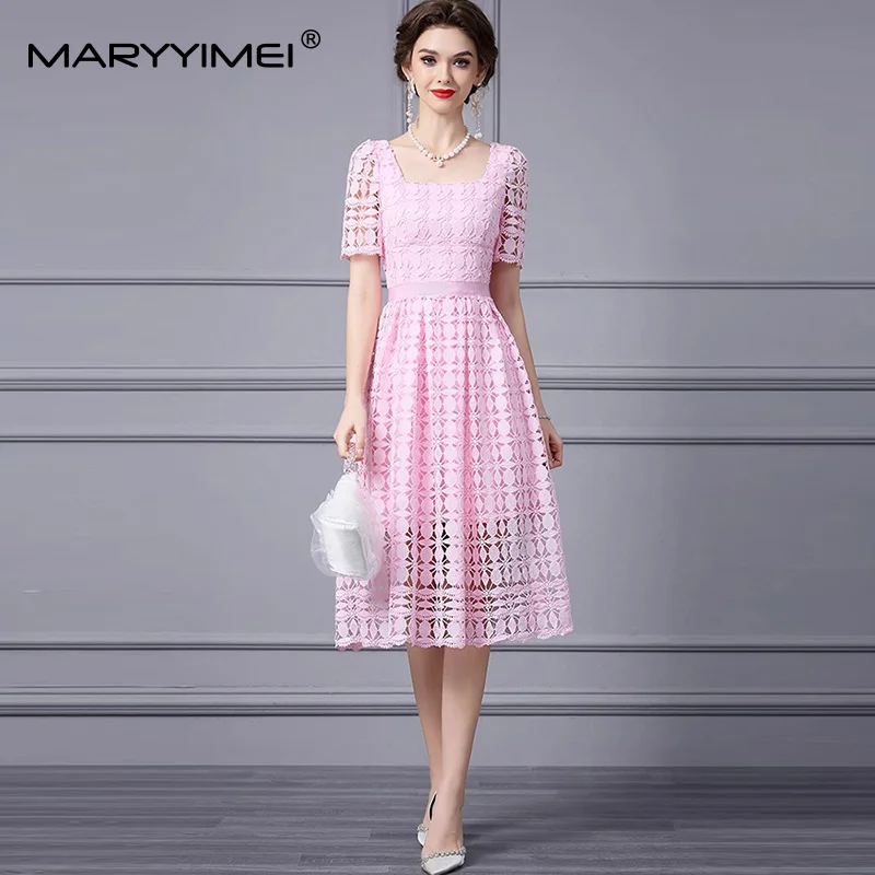 

MARYYIMEI Spring Summer Fashion Women's Dress Square-Neck Short Sleeve Lace Hollow Out Romantic Daily Basic A Line Dresses