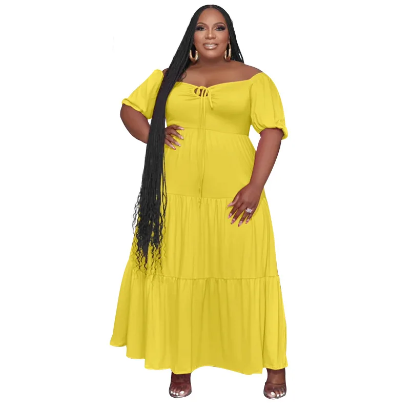 Plus Size Jurken Herfst Mode Effen Losse Maxi Jurk Met Korte Mouwen Ruches Vestidos Casual Streetwear Vintage Dameskleding