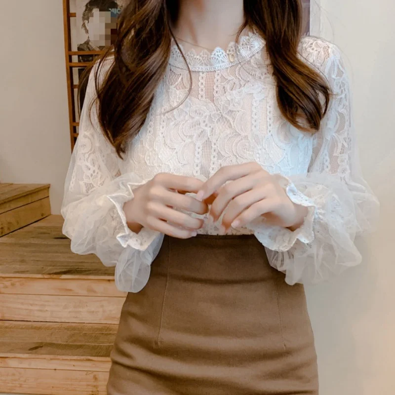 Mesh Lace Women Blouse Fashion Office Lady Long Sleeve Elegant Shirts Casual Loose Sweet Tops