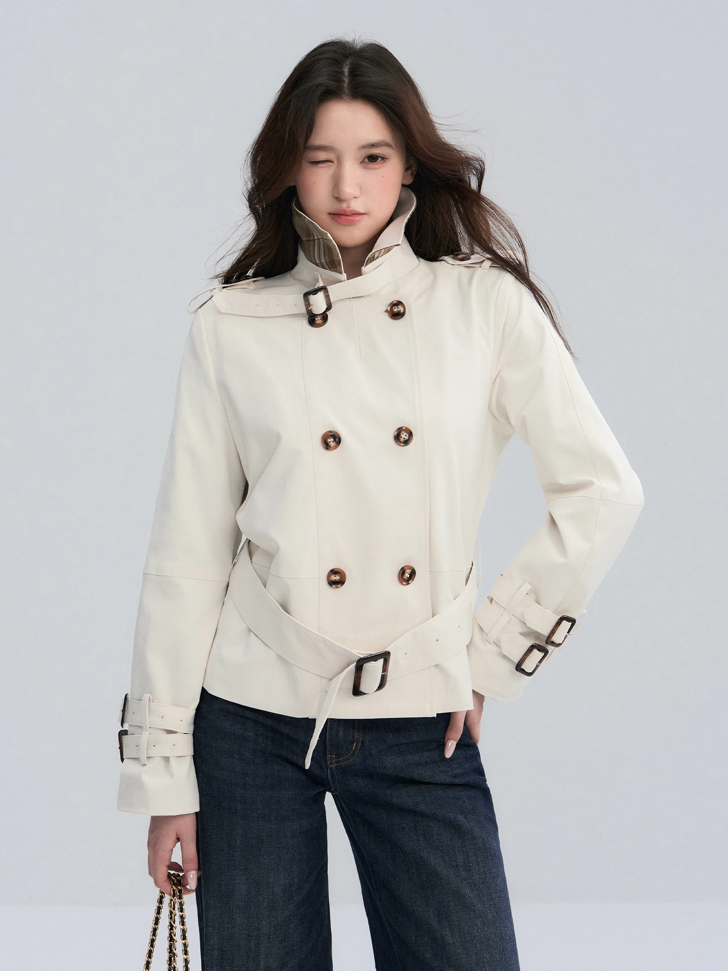 

Женское клетчатое пальто OIOI E с воротником-стойкой и поясом, осеннее, для повседневной носки, с длинными рукавами, однотонное, прямого кроя