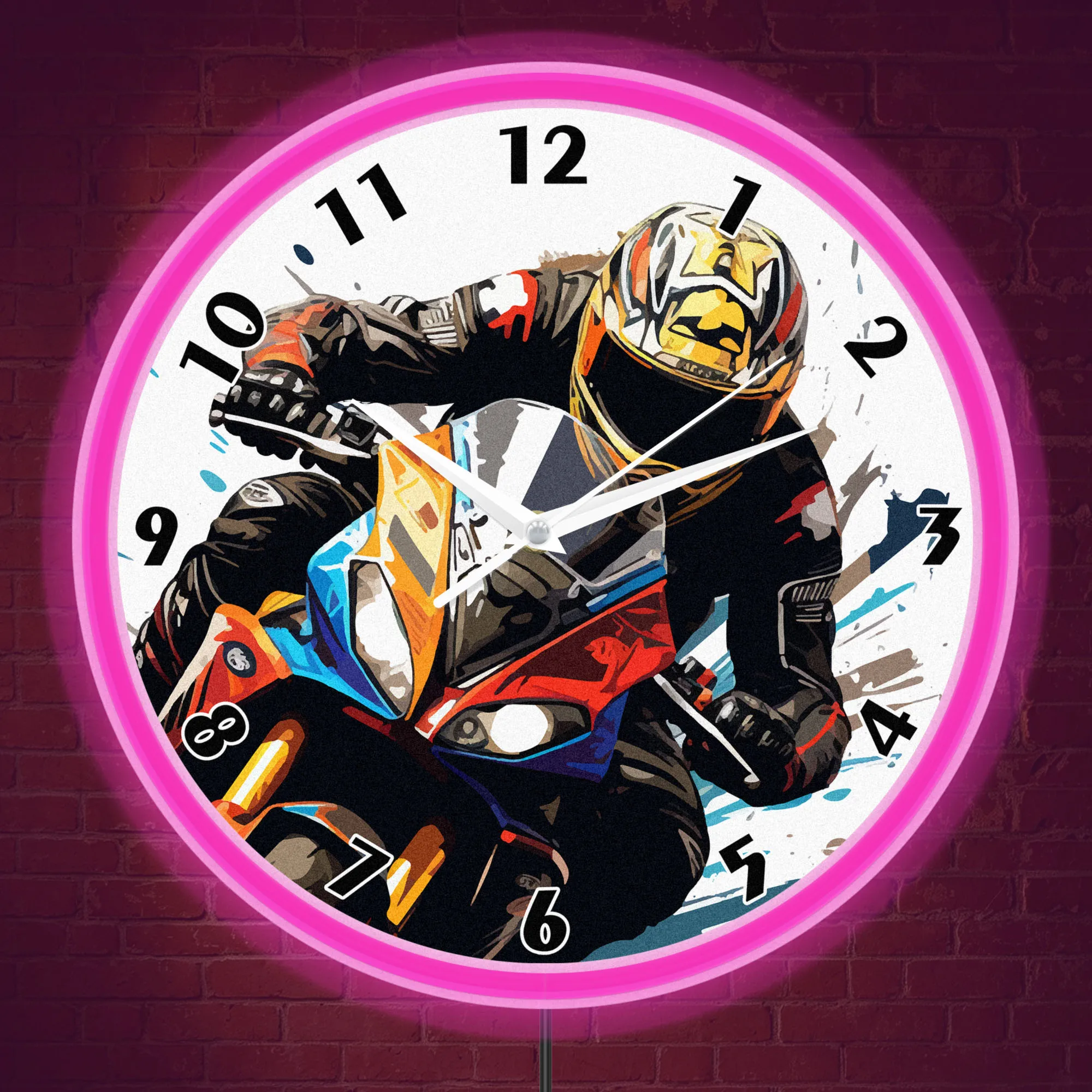 Pop Art Racing Superbike Rider Neon Wall Clock for Garage Man Cave Sport Motorcycle Racer Motorsport Wall Clock Glow in the Dark