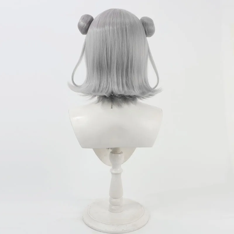Koharu Rikka Cosplay Wigs With Buns Virtual YouTuber Koharu Rikka 30cm Short Gray Wig Heat Resistant