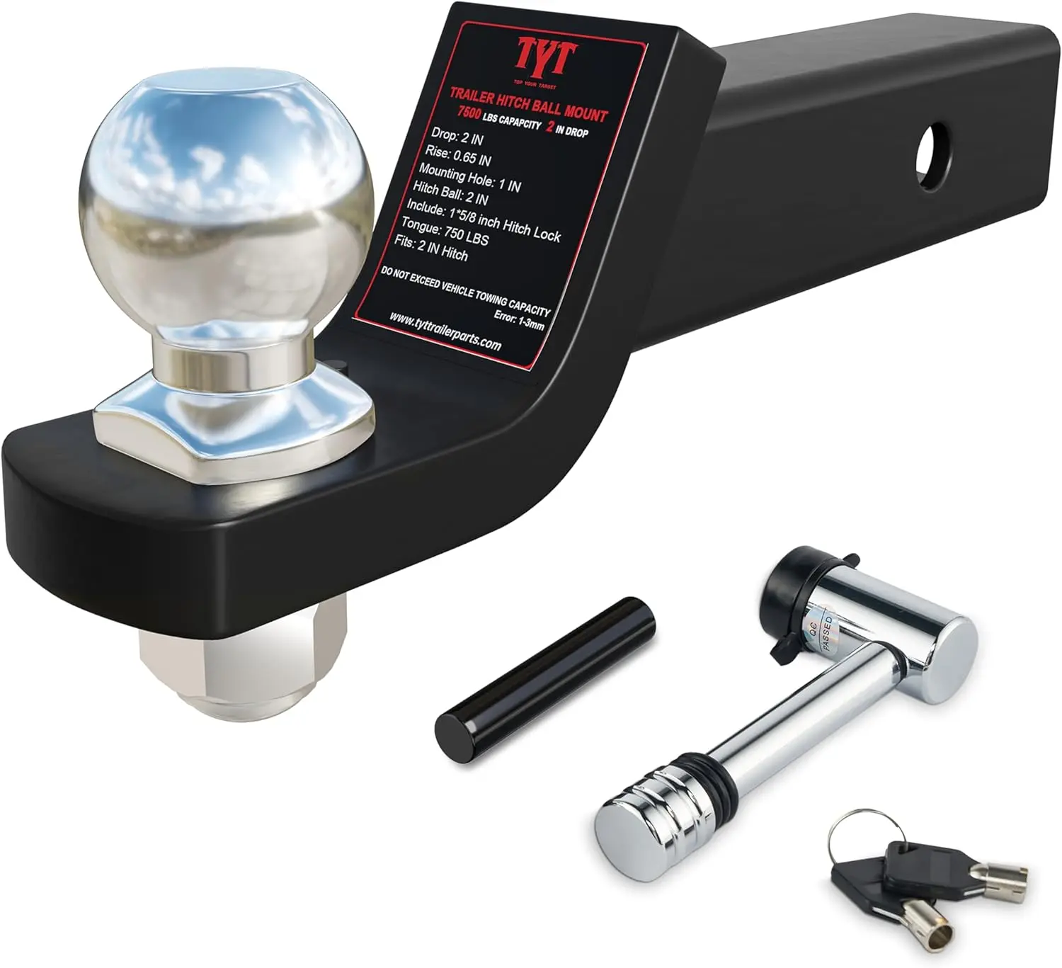 

Trailer Hitch Mount with 2' Chrome Ball&Lock, Fits 2-in Receiver, 7,500 lbs (2-Inch Drop)