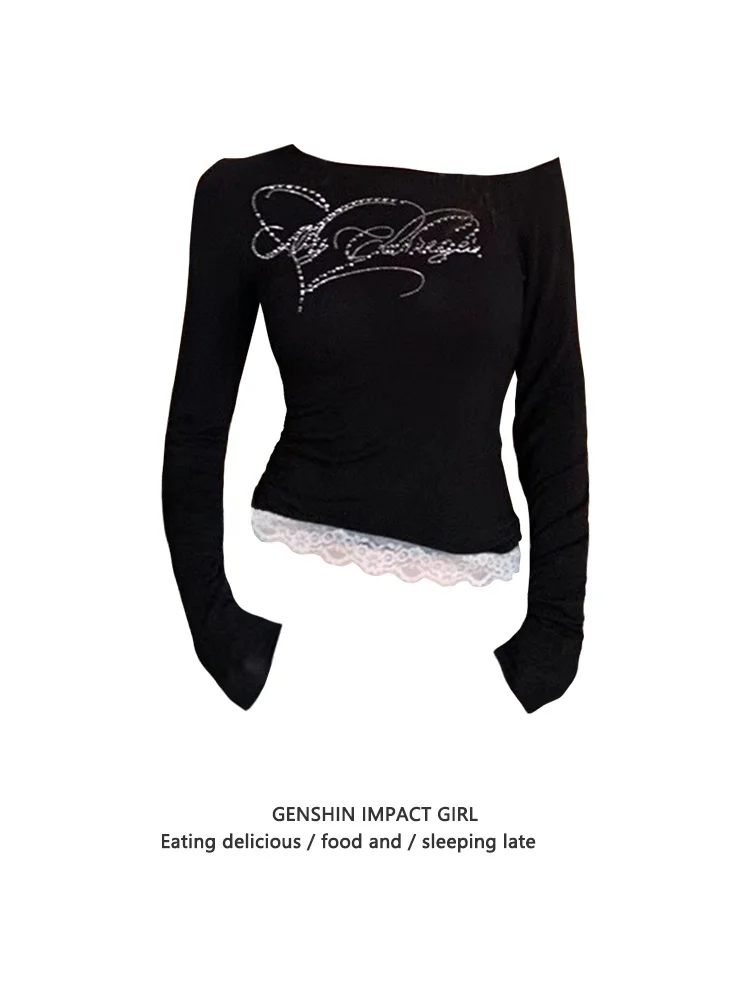 American Style Long Sleeve T-Shirt Women Early Autumn New Lace Splicing Design Slimming Pure Desire Wind Top INS
