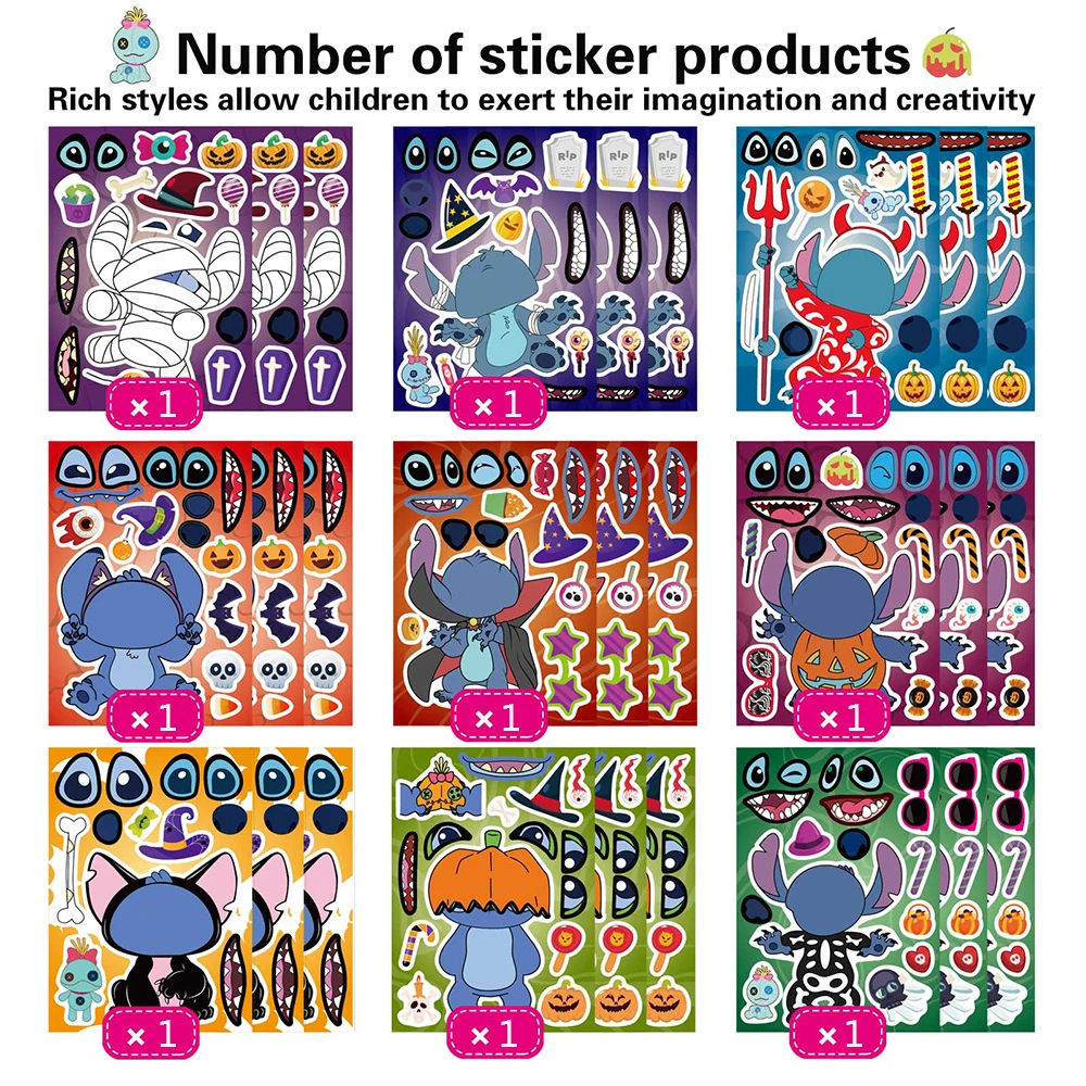 9/18Sheets DIY Make-a-Face Stitch Puzzle Stickers Disney Cartoon Kids Educational Toy Assemble Jigsaw Party Game Gift Decoration