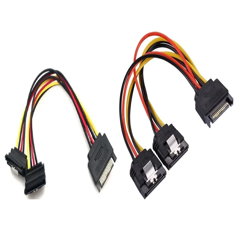 SATA 15 Pin 1 Male to 15Pin 2 Female Power Cable HDD Splitter Adapter Connector 15 Pin SATA  90 degree elbow straight Connector