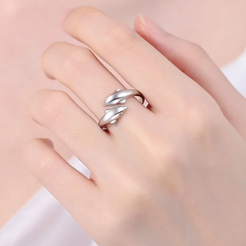 Silver Color Double Dolphin Love Rings for Women Couple Ring Statement Party Jewelry Accessories Gifts