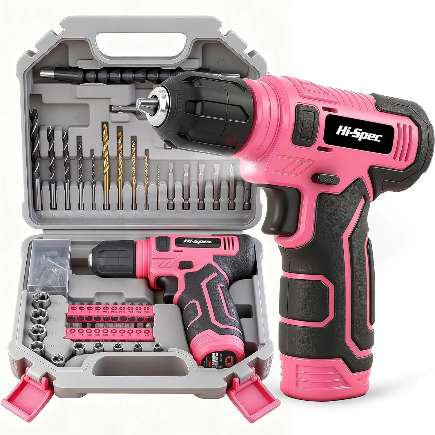 8V USB Cordless Drill Driver Set with Toolbox - Pink, Lightweight for Home DIY