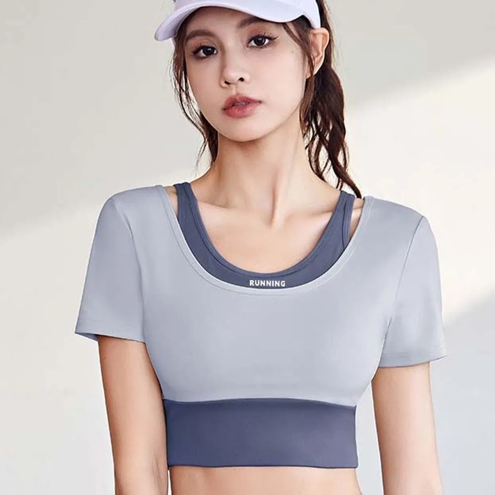 Combined in One Sports Top with Bra Tight Contrast Color Fitness Short-Sleeved Thickened Fake Two-piece Plus Size Short Top