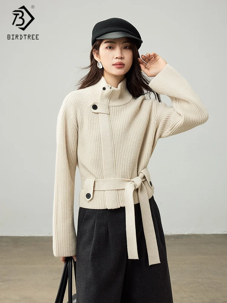 

Birdtree,100%Sheep Wool Knitted Belt Cardigan,Woman Turtleneck Full Sleeve Sweater,2025 Autumn Winter Zipper Coat T59916JF