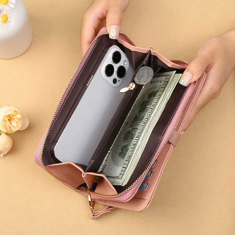 Women's Long Wallet Trifold Wallet Pure Color Multi Card Pocket Coin Purse Large Capacity Zipper Wallet