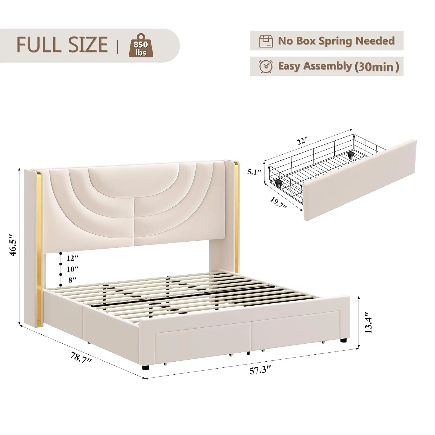Platform Bed, LED Storage Headboard, Upholstered Frame with Drawers, Wingback Trim, Wooden Slats, No Box Spring, Customized