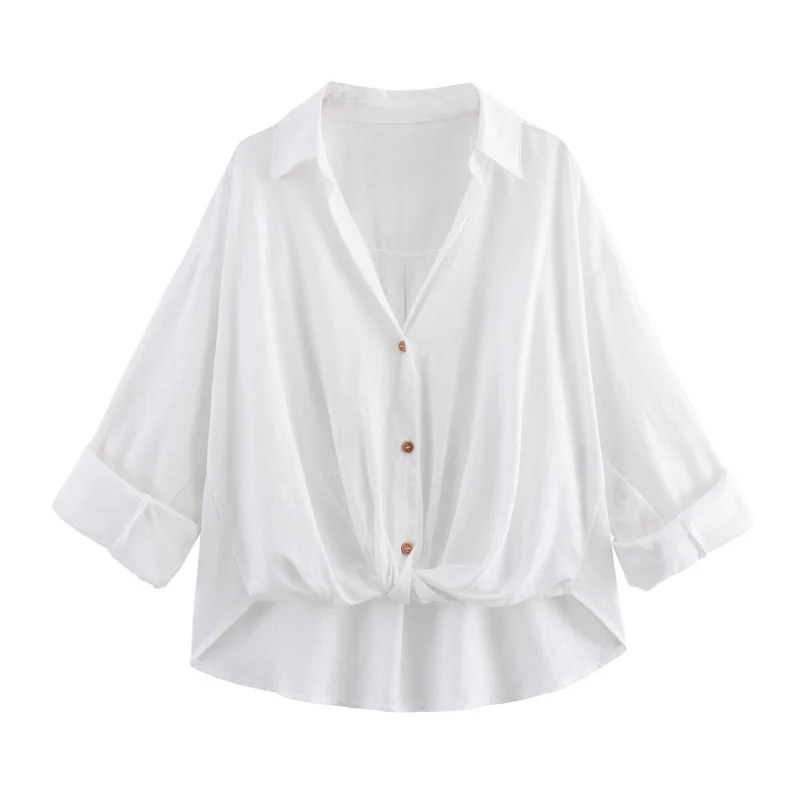 

Women's Fashion Solid Color Loose Knot Decorated Linen Casual Shirt7957709