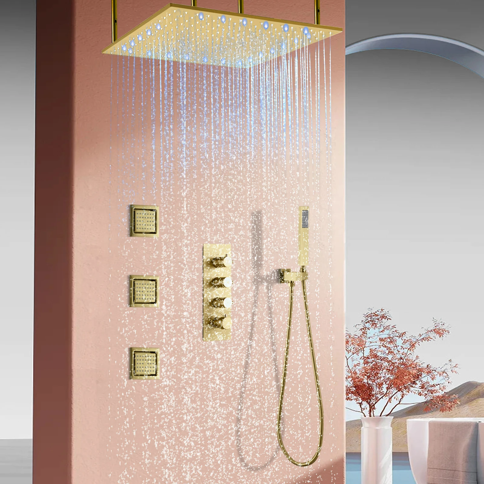 Wall Mounted Shower Bathroom Gold Concealed Shower Mixer Set With Rain Shower Head