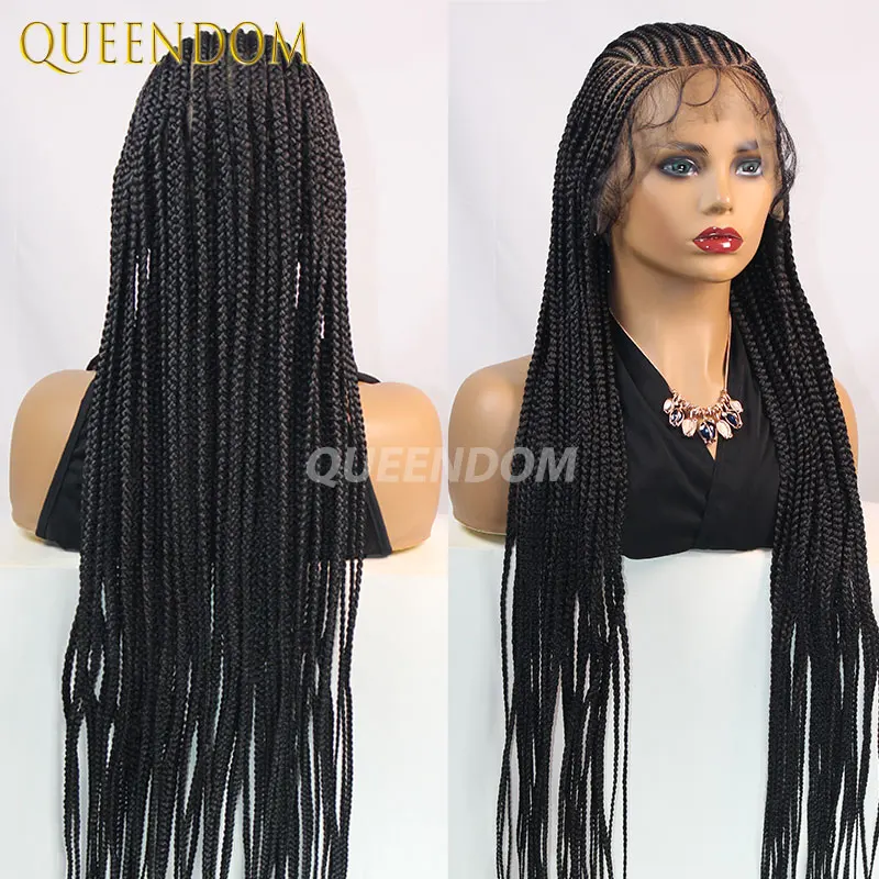 Wig Kepang Renda Penuh 36 Inci Wig Kepang Kotak Cornrow Sintetis untuk Wanita Kulit Hitam Wig Kepang Kotak Jumbo Kepang Suku Rambut Palsu