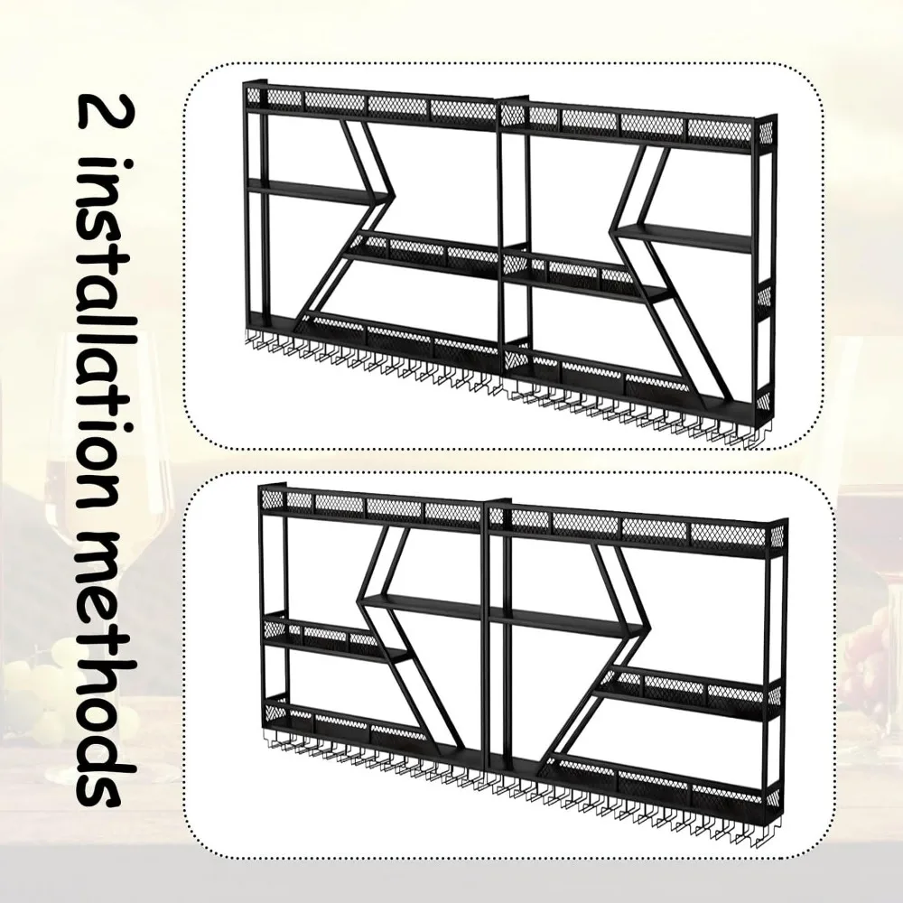 رف نبيذ كبير مثبت على الحائط مكون من 4 طبقات - حامل زجاجات معدني حديث على شكل ألماس لتخزين البار