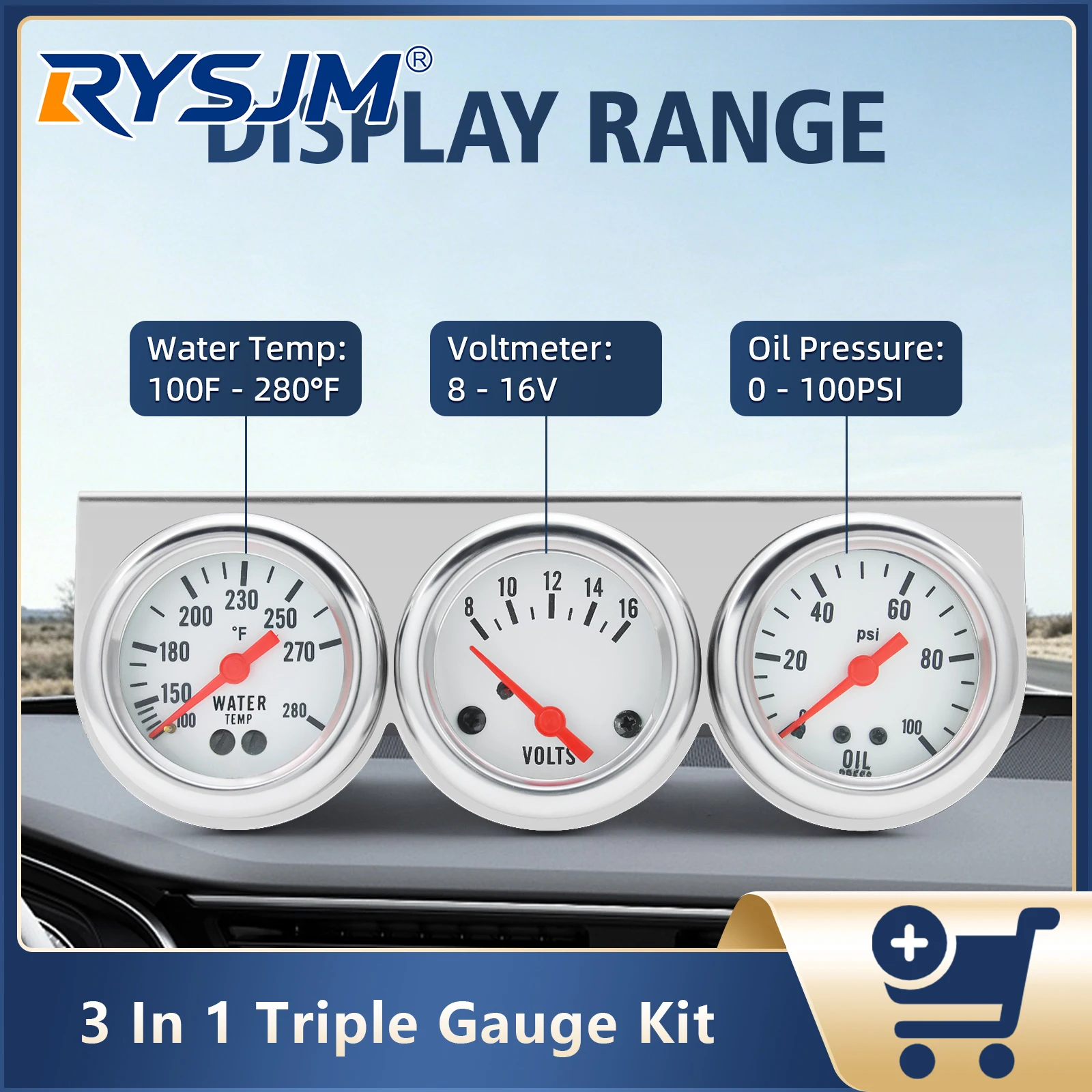 Digital 3 in 1 Triple Gauge Set Water Temp Oil Pressure Voltage Gauge 100-280℉ Water Temp Meter Black/White Gauge For Car 8-16V