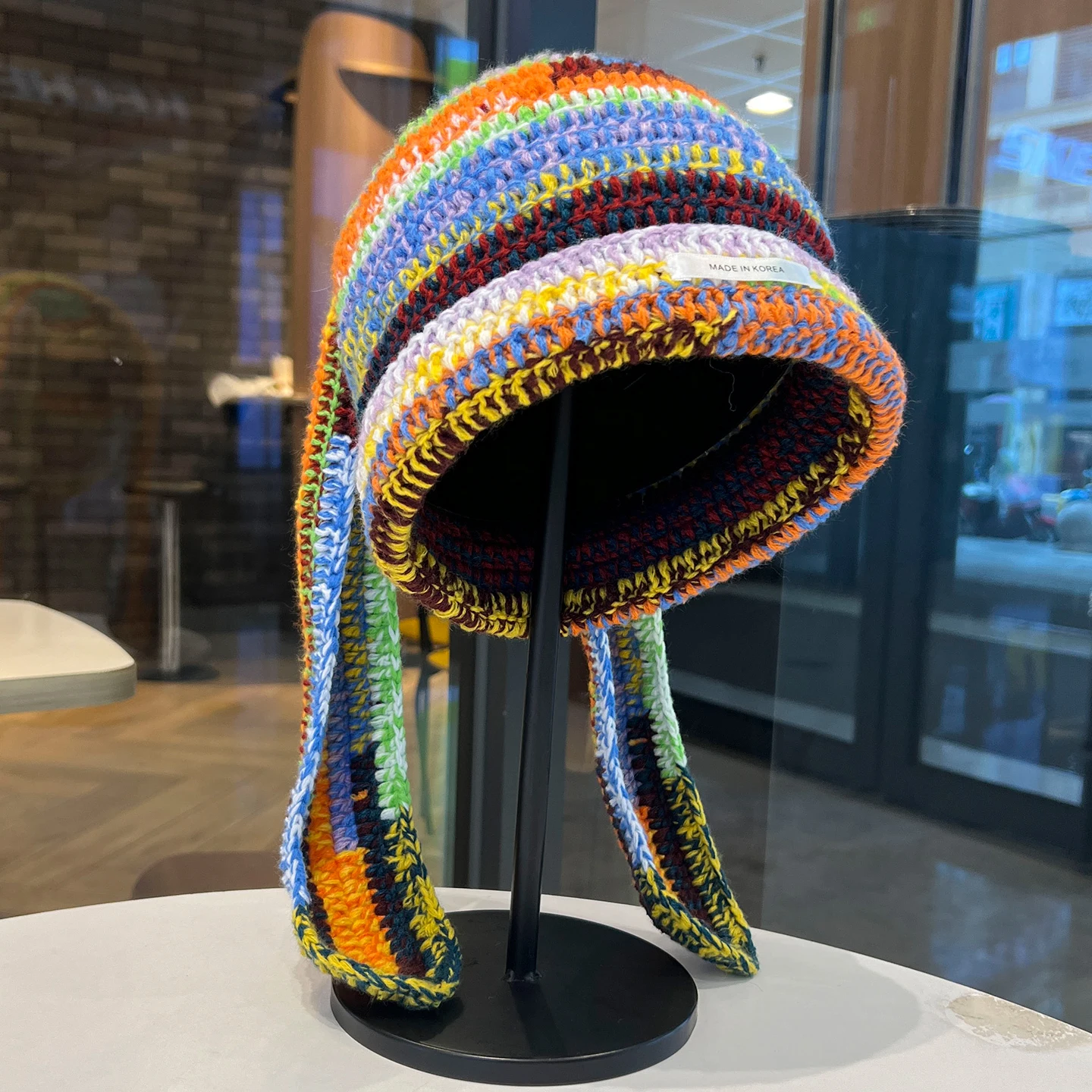 

2025 Handmade Crochet Knit Rainbow Striped Bunny Ear Beanie for Women Men Autumn and Winter Funny Designer Long Ear Pullover Hat