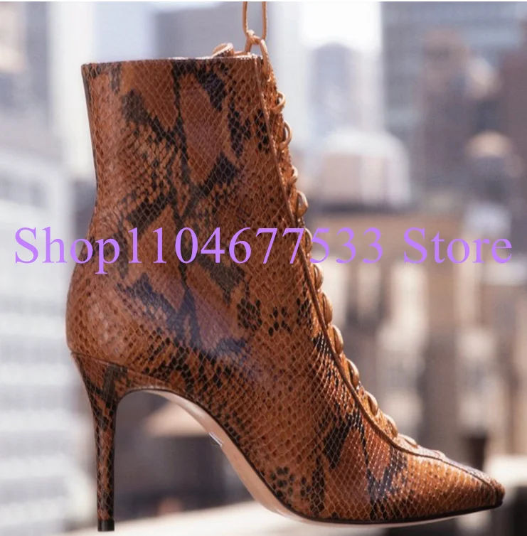 

Сексуальные женские ботильоны на тонком каблуке со шнуровкой, модные женские короткие ботинки из змеиной кожи с острым носком, вечерние модельные туфли большого размера