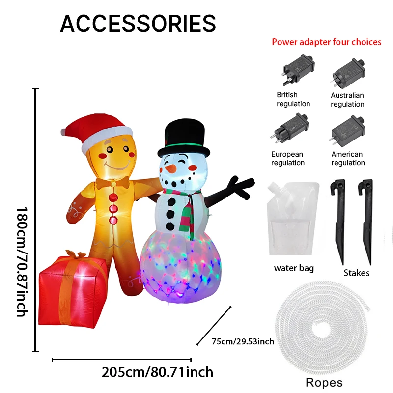 5.91FT Inflatable Toy Christmas Gingerbread Man Snowman Set Gift Xmas Yard Decoration LED Supplies Festive Gift Home Ornament