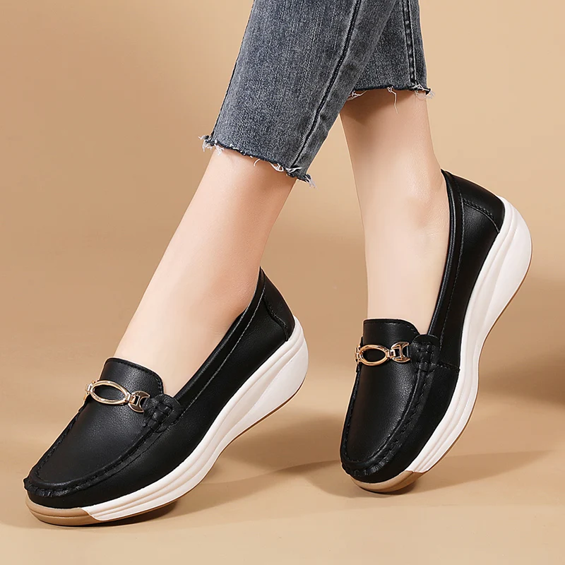 2024 new spring/autumn flats genuine leather moccasins woman casual slip-on loafers female black boat shoes big size 41